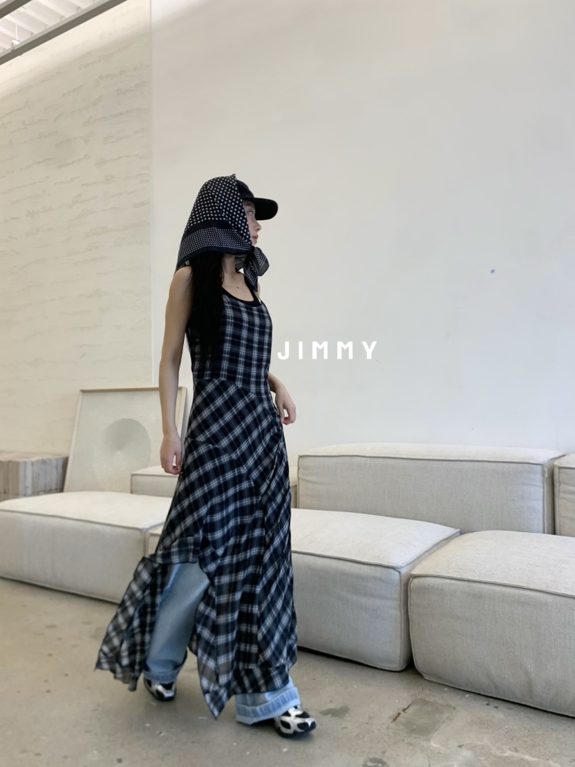 JIMMY韓國㊣直郵東大門代購女裝新款熱賣25春夏長裙不含內搭格紋JIMMY/REMAKE長裙