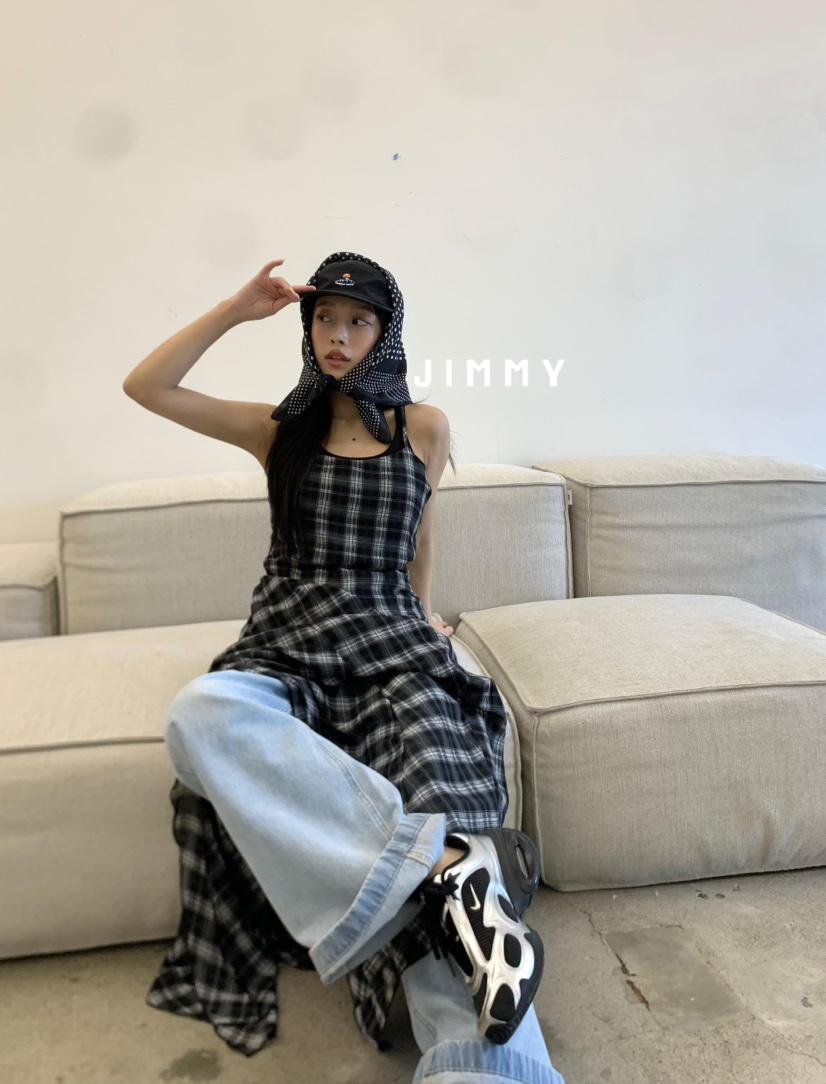 JIMMY韓國㊣直郵東大門代購女裝新款熱賣25春夏長裙不含內搭格紋JIMMY/REMAKE長裙