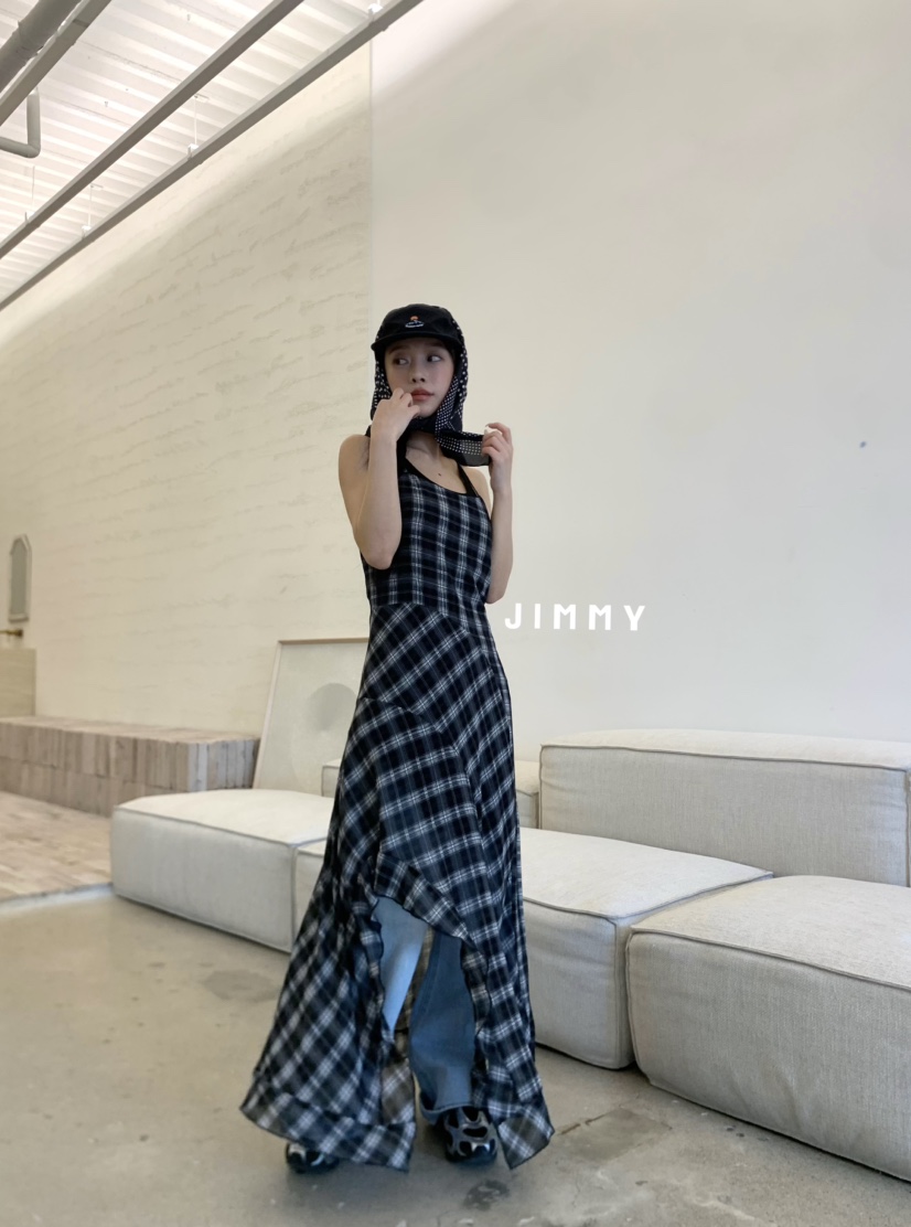 JIMMY韓國㊣直郵東大門代購女裝新款熱賣25春夏長裙不含內搭格紋JIMMY/REMAKE長裙