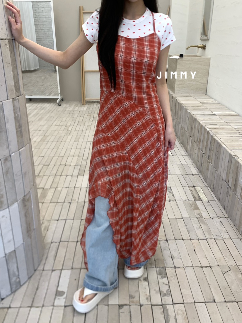 JIMMY韓國㊣直郵東大門代購女裝新款熱賣25春夏長裙不含內搭格紋JIMMY/REMAKE長裙