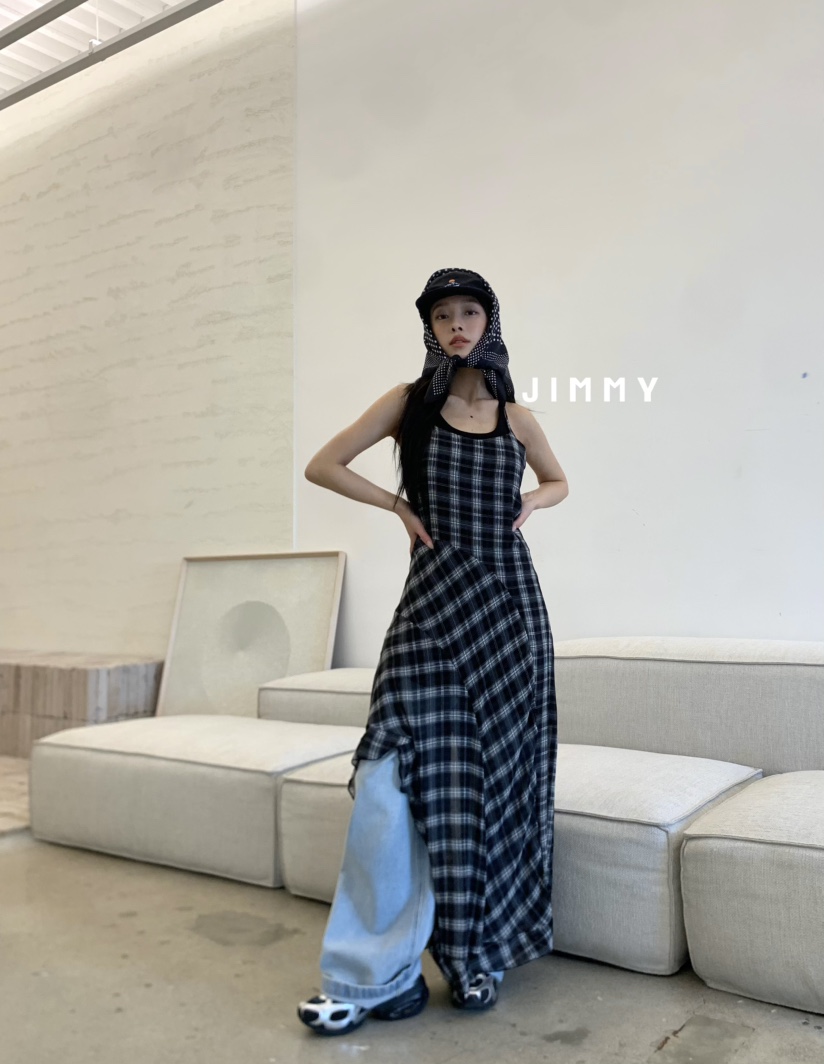 JIMMY韓國㊣直郵東大門代購女裝新款熱賣25春夏長裙不含內搭格紋JIMMY/REMAKE長裙圖色2