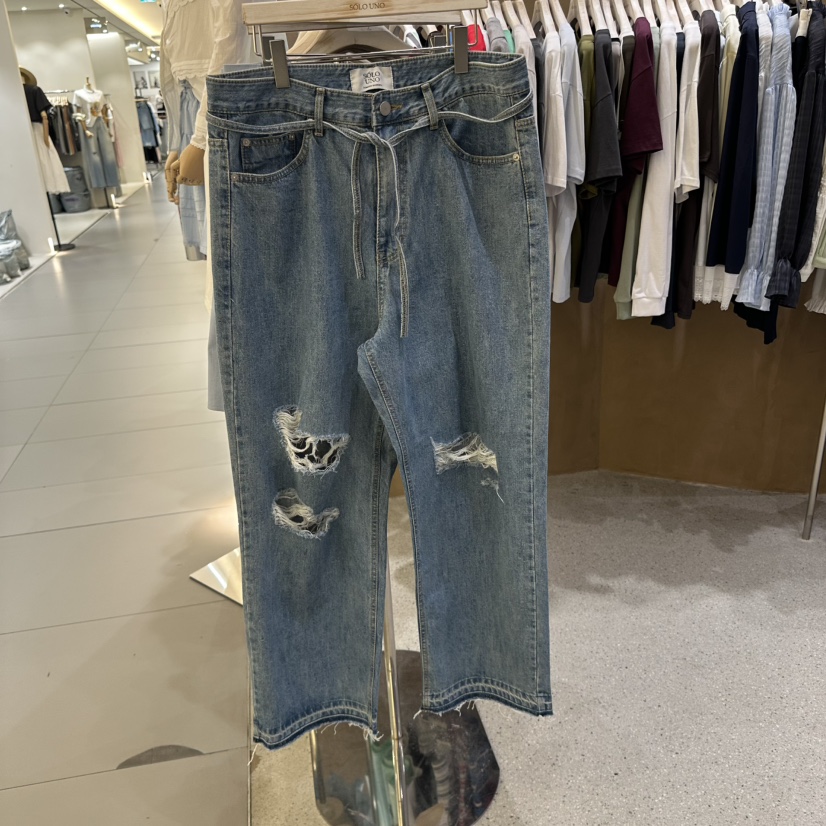 SOLOUNO韓國代購女士新品時尚熱賣人氣休閑牛仔褲含腰繩綁帶SOLOUNO牛仔褲