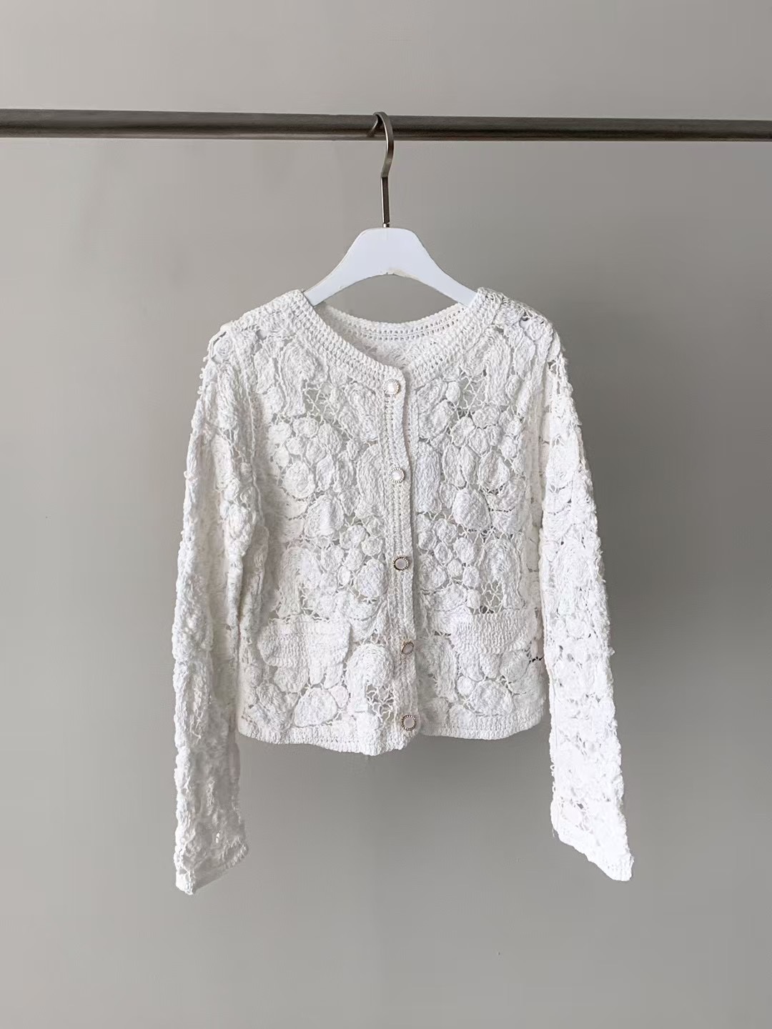 AGAIN US韓國代購女裝新品熱賣25春夏職業針織衫口袋蕾絲開衫AGAIN US針織衫