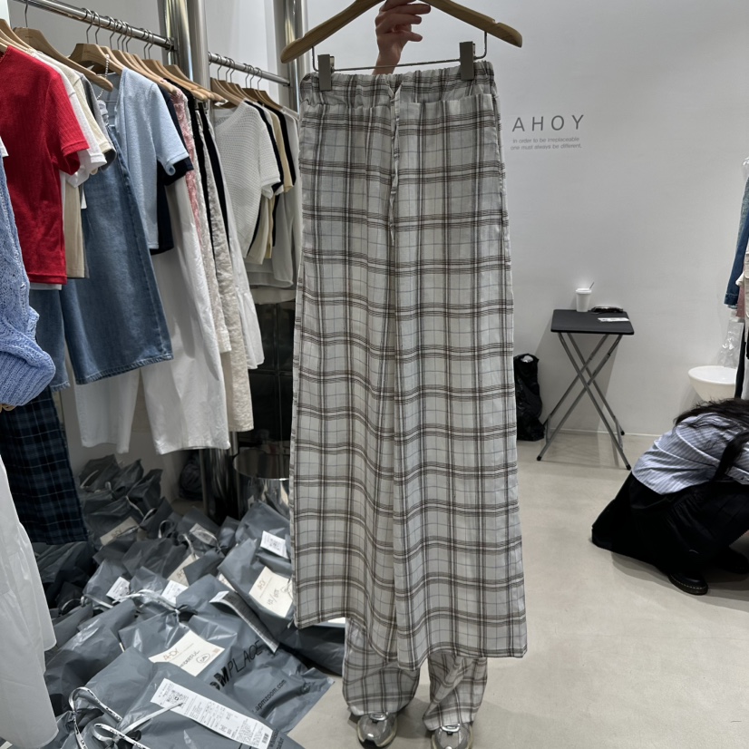 AHOY東大門實拍女士新品熱賣時尚休閑職業真品休閑褲格紋亞麻AHOY休閑褲