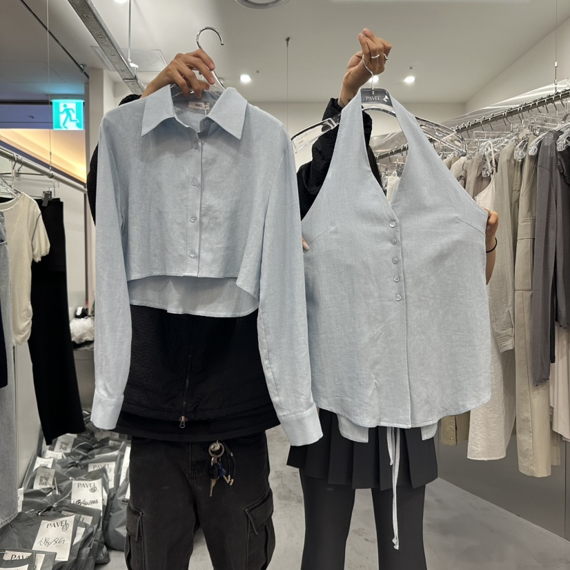 PAVEL韓國直郵女裝新品推薦25春夏休閑職業套裝兩件套短款亞麻PAVEL套裝