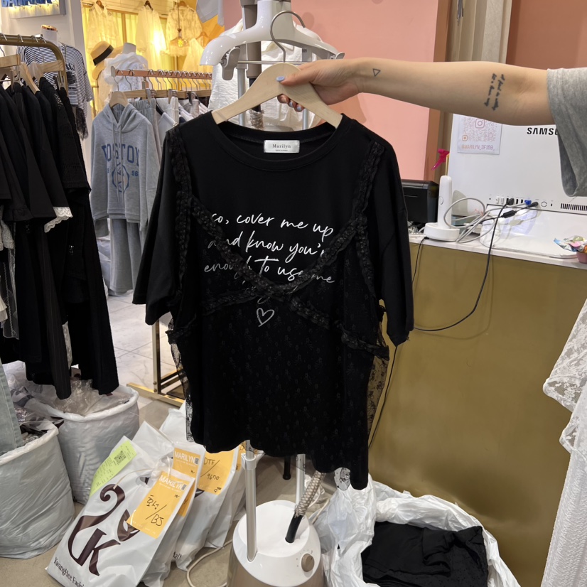 MARILYN直郵韓國代購㊣女裝新品時尚T恤不含飾品假兩件緊身MARILYNT恤圖色2