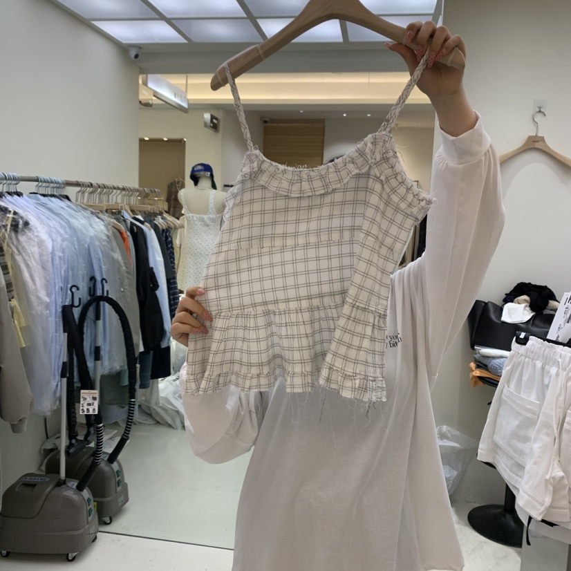 FLAUNT直郵韓國代購㊣女裝新品人氣推薦吊帶背心荷葉邊格紋FLAUNT吊帶/背心