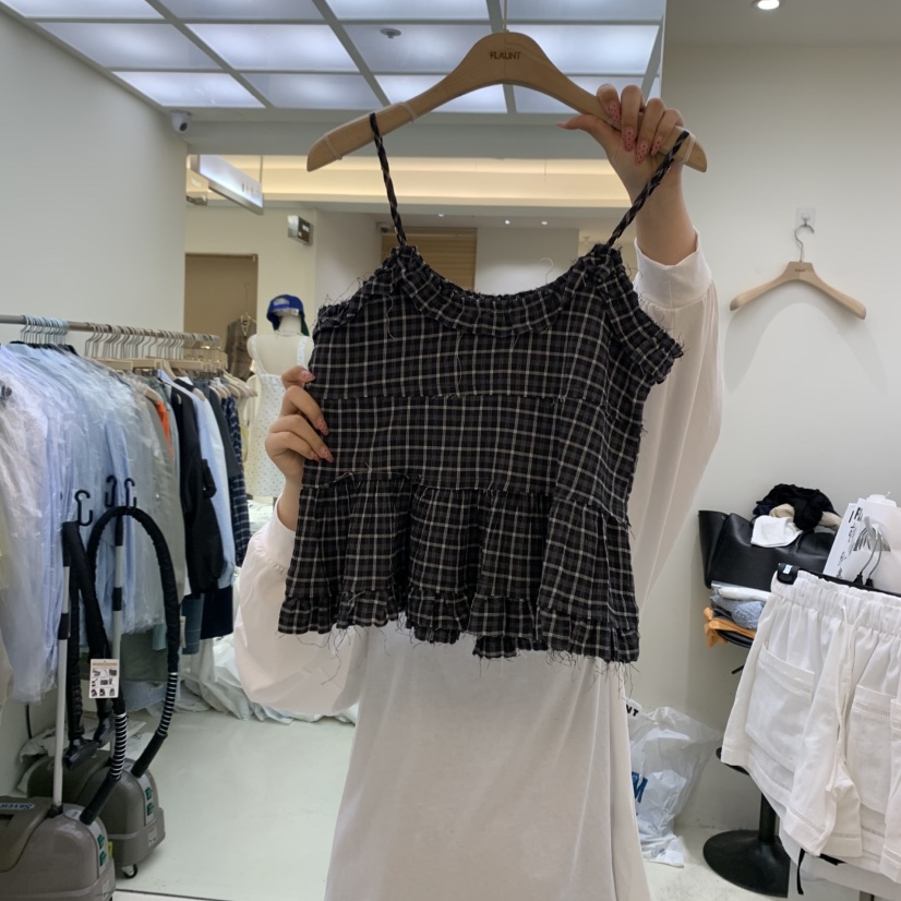 FLAUNT直郵韓國代購㊣女裝新品人氣推薦吊帶背心荷葉邊格紋FLAUNT吊帶/背心圖色2