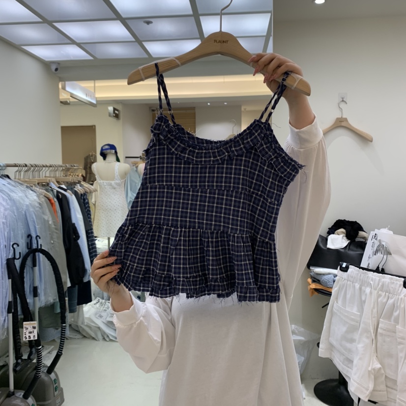 FLAUNT直郵韓國代購㊣女裝新品人氣推薦吊帶背心荷葉邊格紋FLAUNT吊帶/背心圖色3