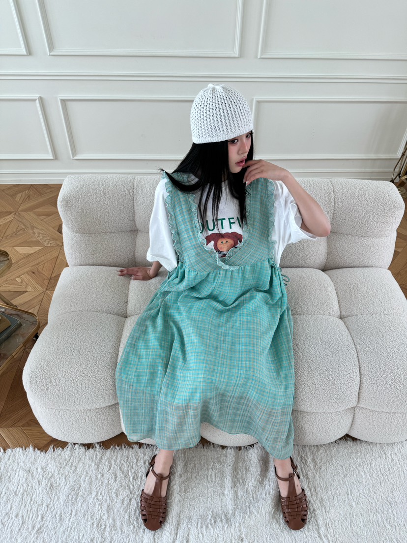 MAISONDEGLORY韓國㊣直郵東大門代購女裝新款25春夏連衣裙不含內搭格紋雪紡MAISON DE GLORY連衣裙
