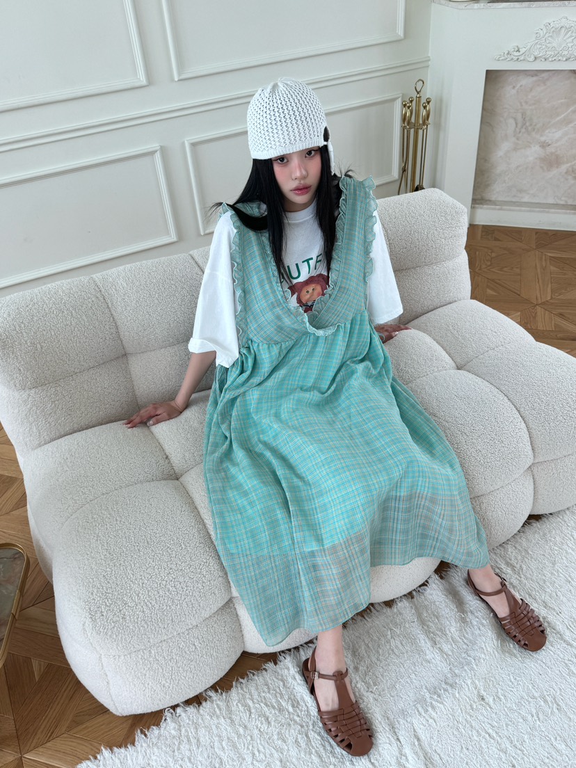 MAISONDEGLORY韓國㊣直郵東大門代購女裝新款25春夏連衣裙不含內搭格紋雪紡MAISON DE GLORY連衣裙