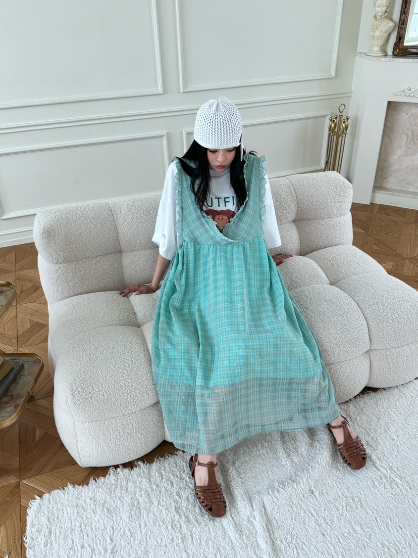 MAISONDEGLORY韓國㊣直郵東大門代購女裝新款25春夏連衣裙不含內搭格紋雪紡MAISON DE GLORY連衣裙