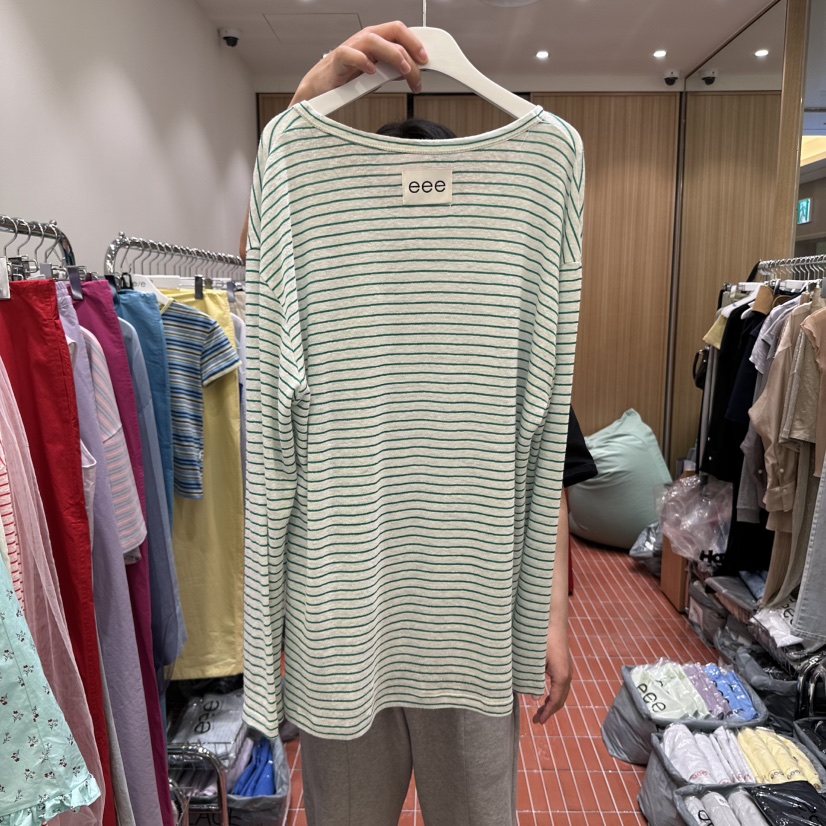 E/E/E東大門代購女士新品推薦25春夏人氣長袖T恤亞麻條紋E/E/E長袖T恤