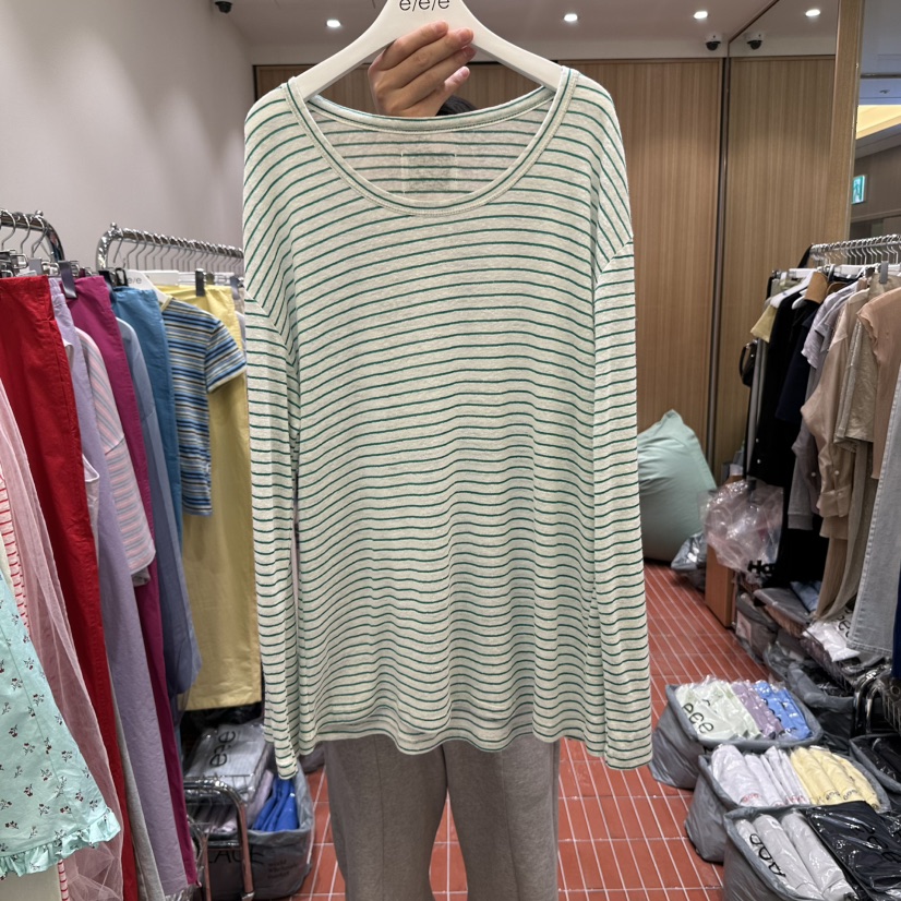 E/E/E東大門代購女士新品推薦25春夏人氣長袖T恤亞麻條紋E/E/E長袖T恤