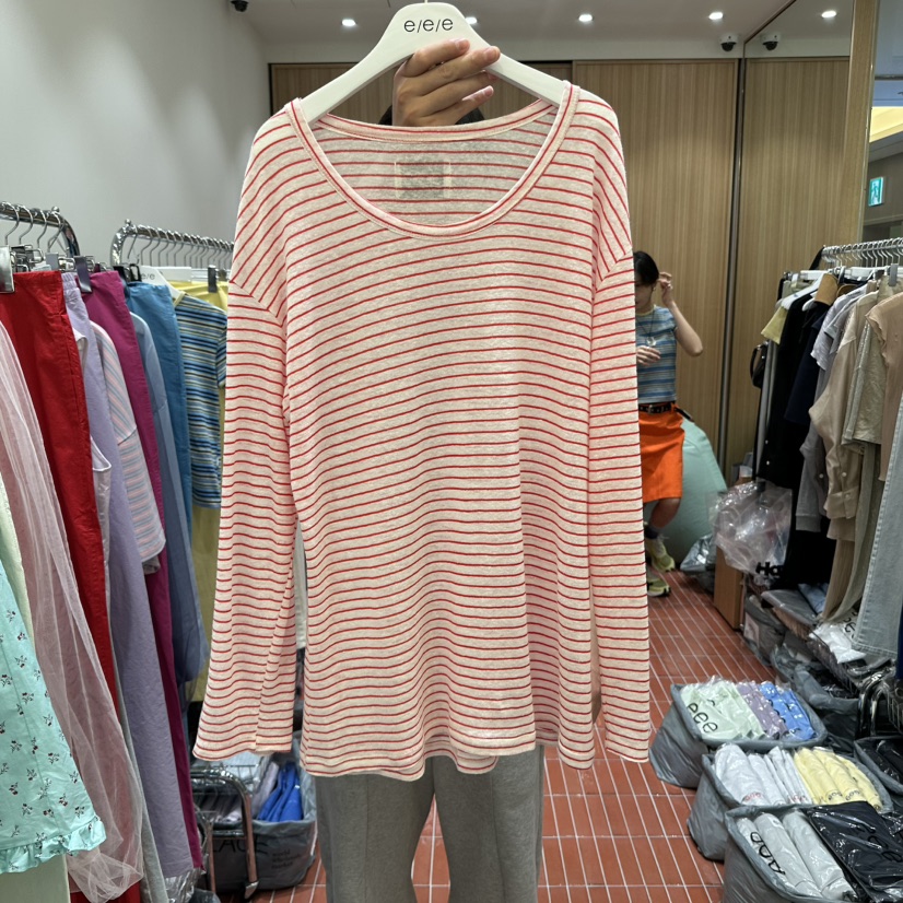 E/E/E東大門代購女士新品推薦25春夏人氣長袖T恤亞麻條紋E/E/E長袖T恤圖色2