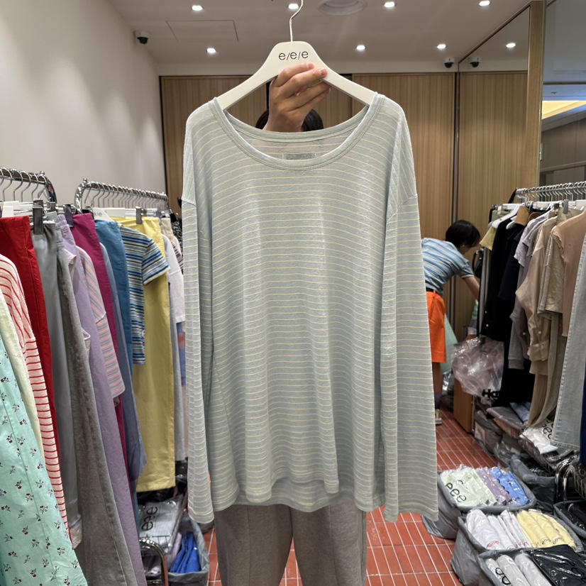 E/E/E東大門代購女士新品推薦25春夏人氣長袖T恤亞麻條紋E/E/E長袖T恤圖色3