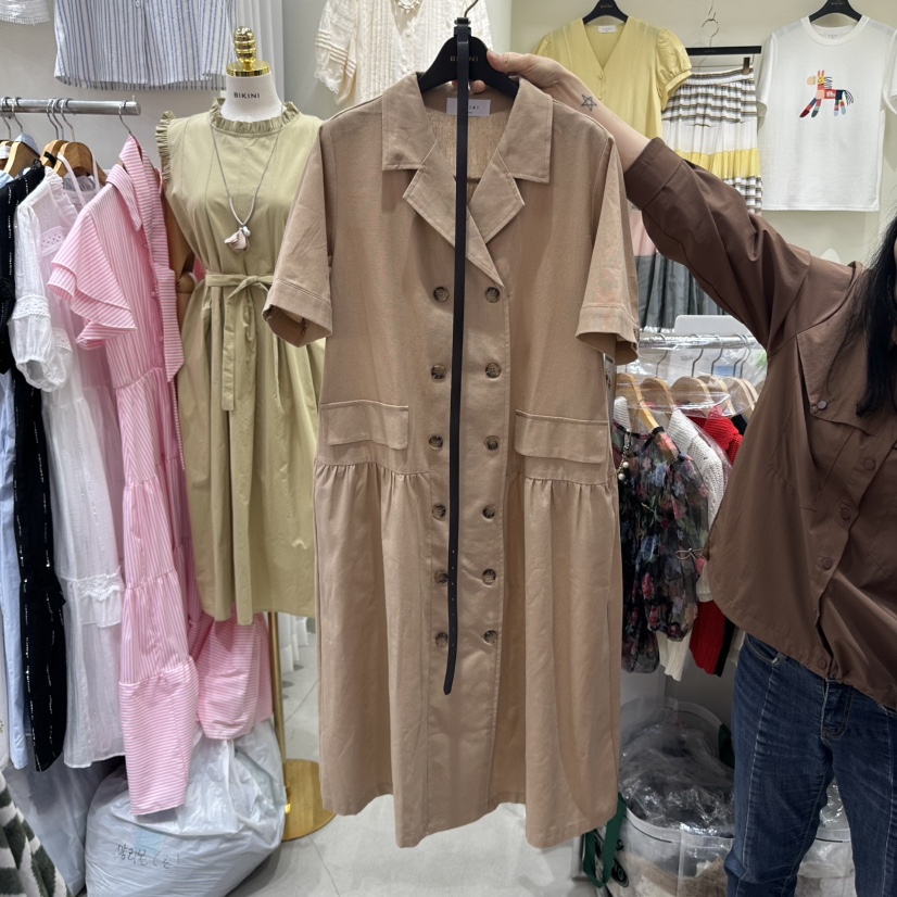 BIKINI東大門實拍女士新款真品人氣連衣裙含腰帶亞麻布紐扣BIKINI連衣裙圖色2