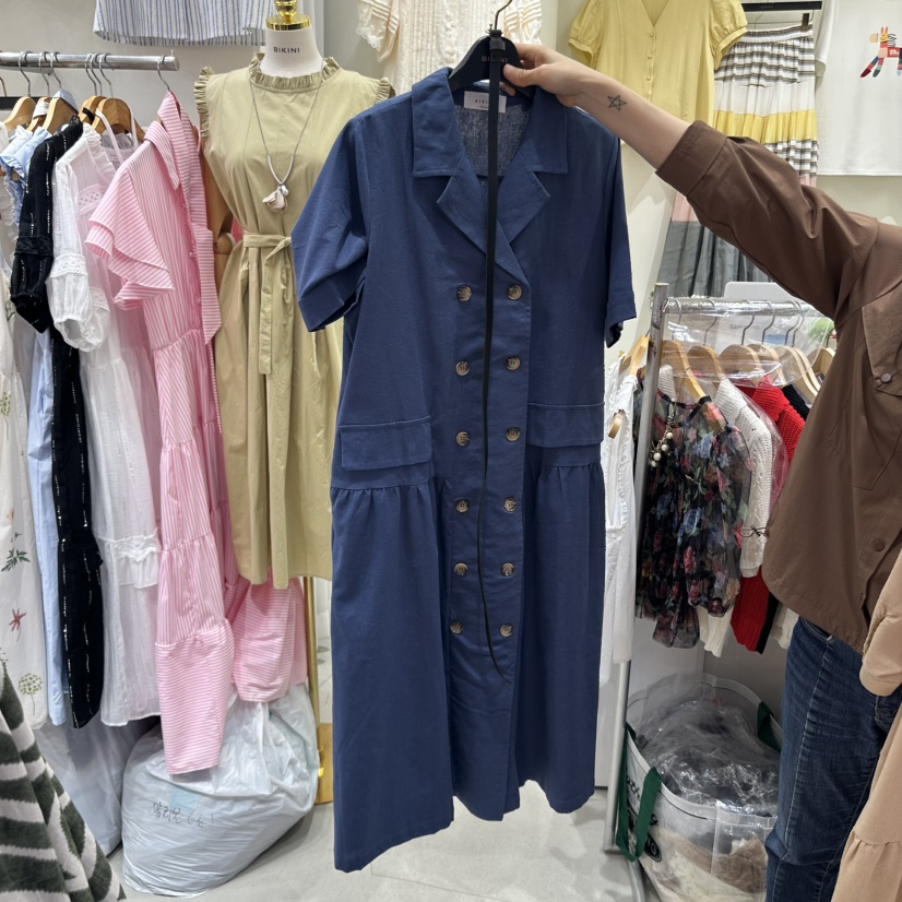 BIKINI東大門實拍女士新款真品人氣連衣裙含腰帶亞麻布紐扣BIKINI連衣裙圖色3