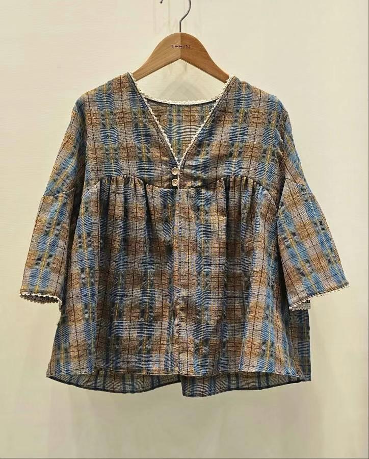 THE IN-더인-T東大門直郵女士新品時尚襯衫蕾絲衫格紋褶皺THE IN襯衫/蕾絲衫