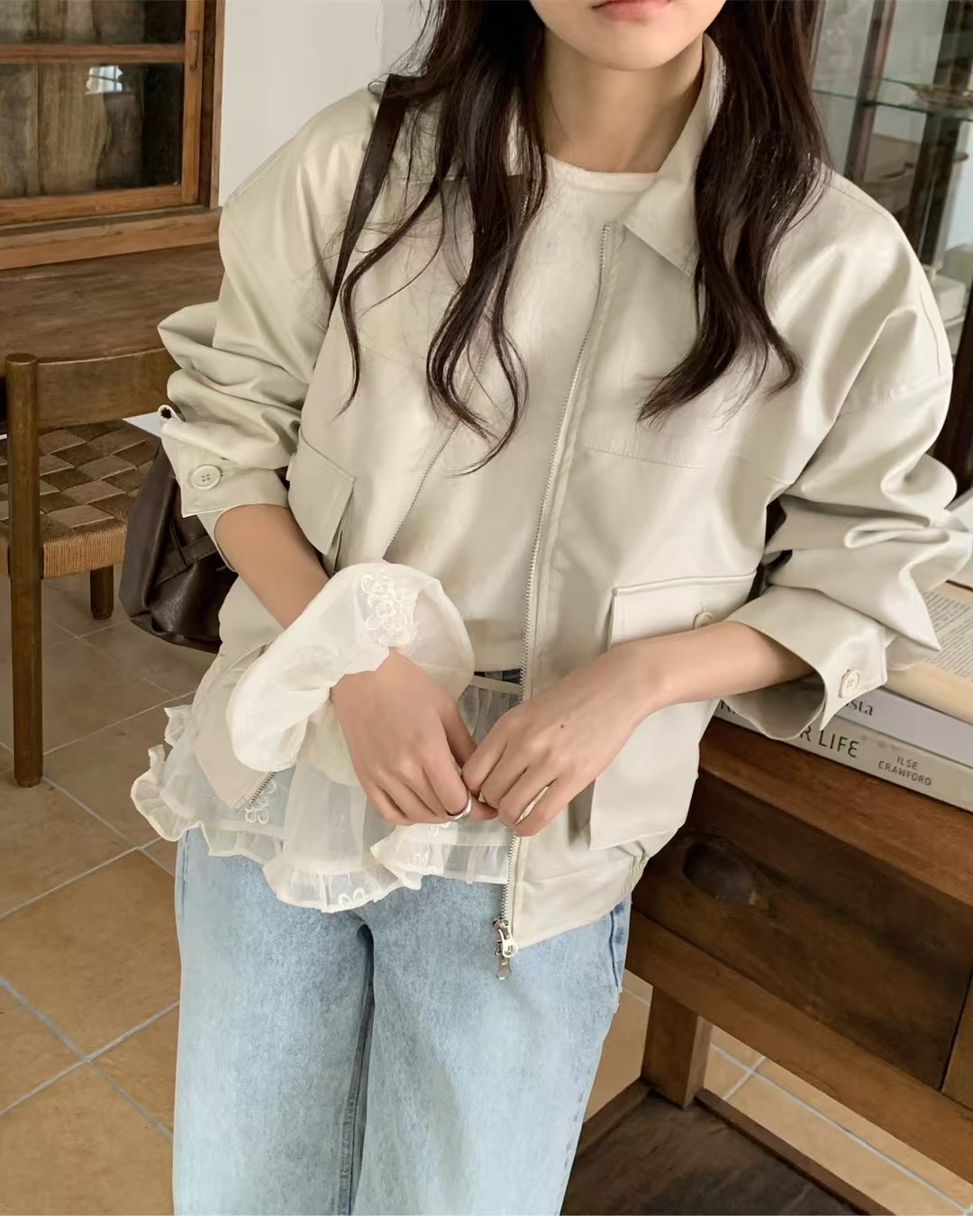 JUNO東大門代購女士新品真品25春夏人氣時尚休閑夾克口袋皮革JUNO夾克