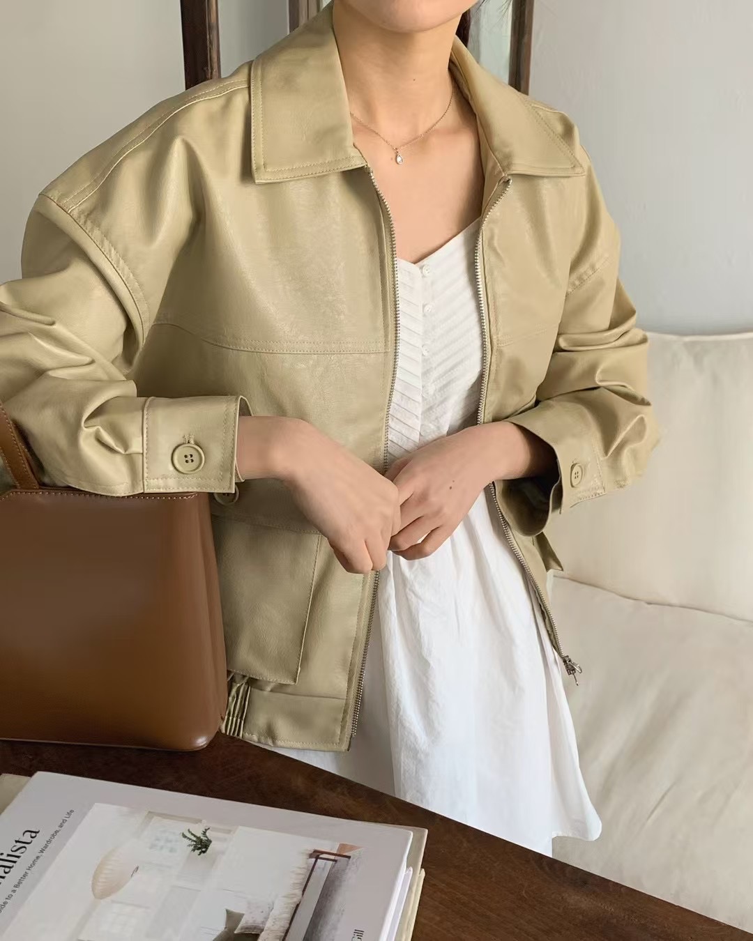 JUNO東大門代購女士新品真品25春夏人氣時尚休閑夾克口袋皮革JUNO夾克圖色2