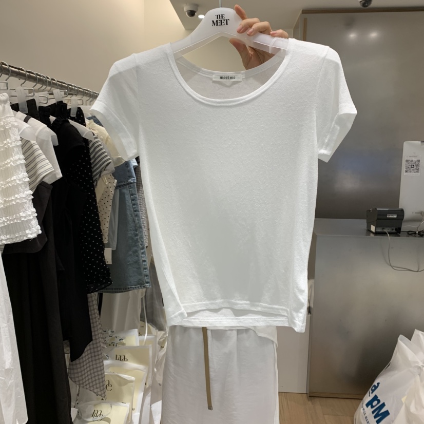 MEET ME韓國直郵㊣女裝新品休閑推薦25春夏熱賣T恤透明亞麻MEET MET恤