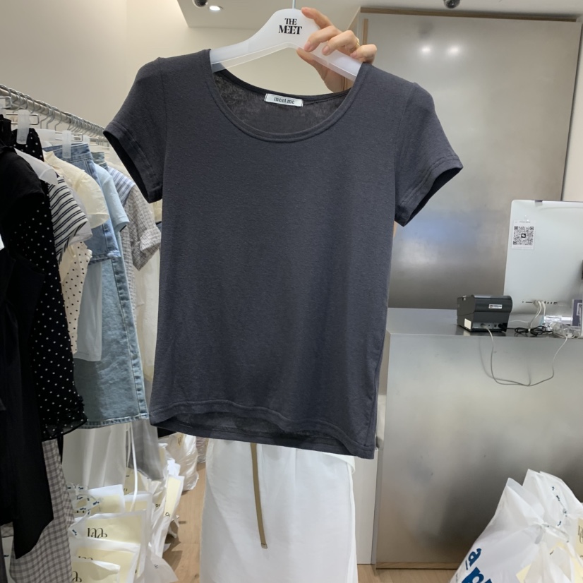 MEET ME韓國直郵㊣女裝新品休閑推薦25春夏熱賣T恤透明亞麻MEET MET恤圖色2