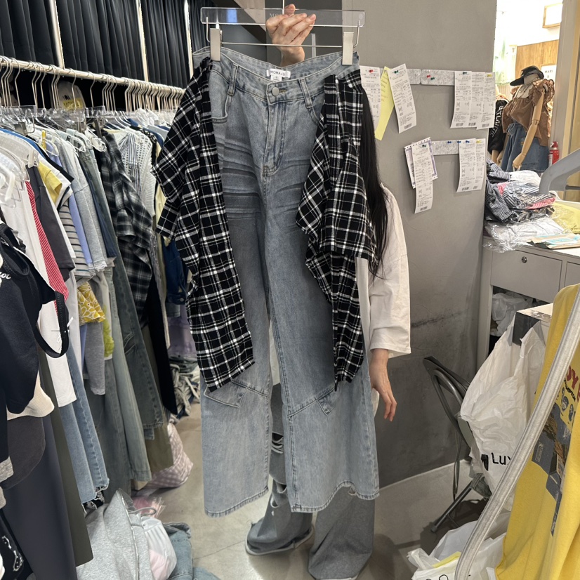 MOMAZU韓國直郵㊣女裝新品時尚人氣休閑25春夏牛仔褲披肩格紋MOMAZU牛仔褲