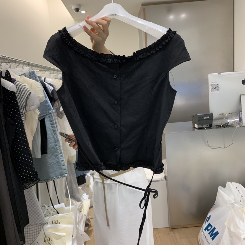 MEET ME直郵韓國代購㊣女裝新品熱賣25春夏襯衫蕾絲衫荷葉邊MEET ME襯衫/蕾絲衫