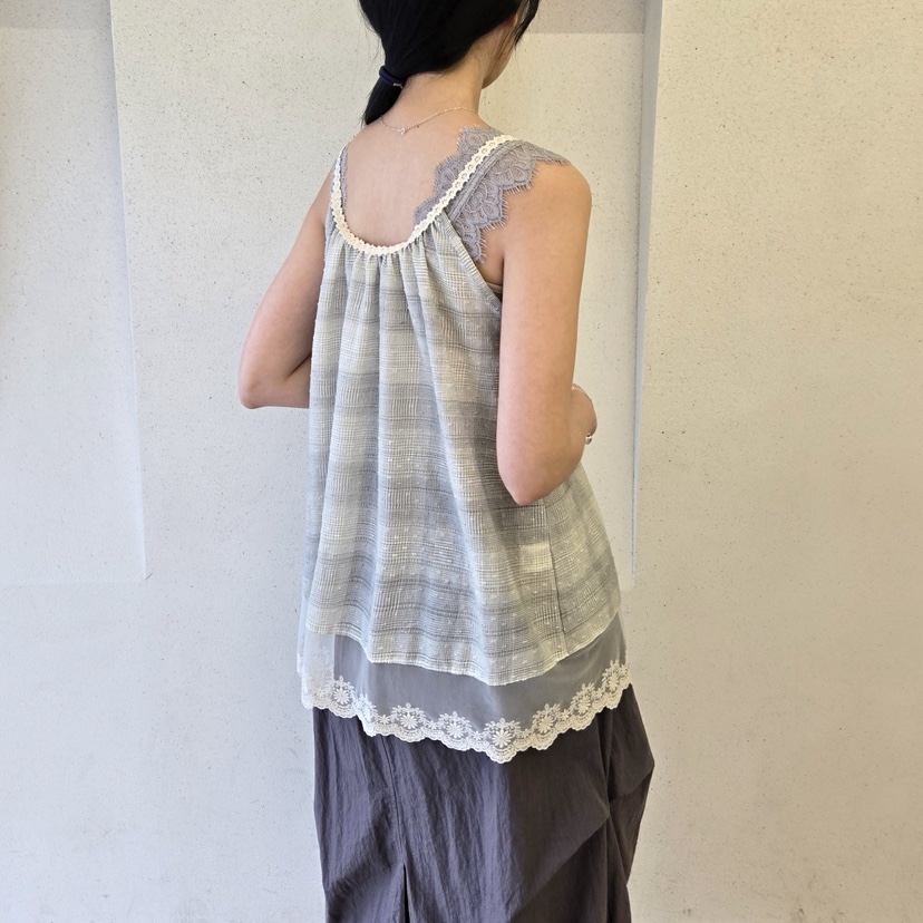 LA BLOOM韓國㊣直郵東大門代購女裝新品時尚吊帶背心格紋蕾絲La Bloom吊帶/背心