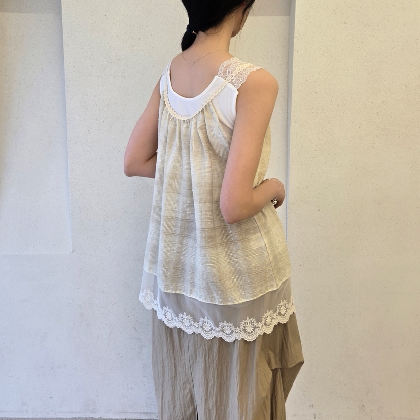 LA BLOOM韓國㊣直郵東大門代購女裝新品時尚吊帶背心格紋蕾絲La Bloom吊帶/背心