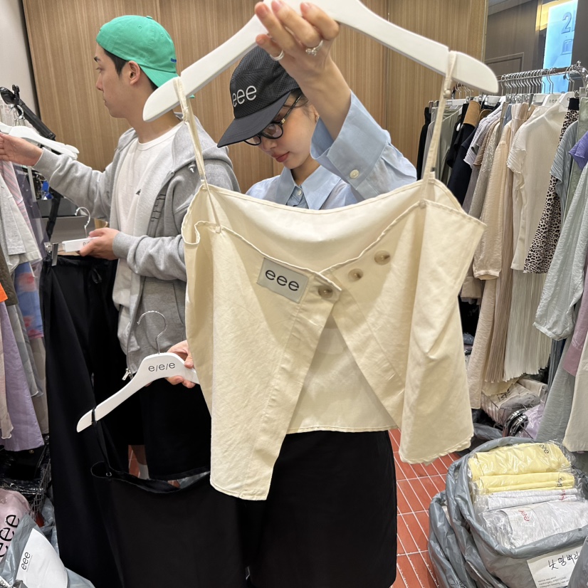 E/E/E韓國直郵㊣東大門實拍女裝新品25春夏吊帶背心亞麻紐扣E/E/E吊帶/背心