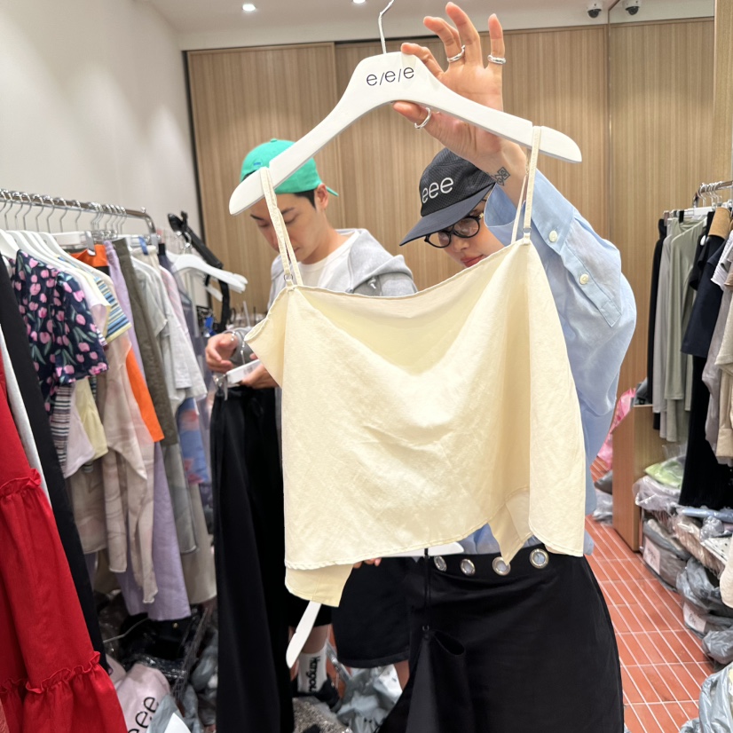 E/E/E韓國直郵㊣東大門實拍女裝新品25春夏吊帶背心亞麻紐扣E/E/E吊帶/背心