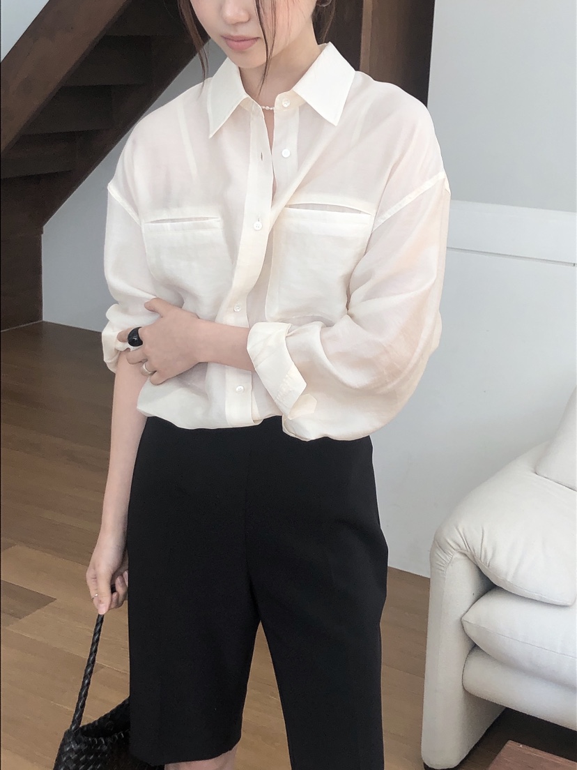 LE BUTTER韓國代購女士新品25春夏時尚襯衫蕾絲衫口袋天絲LE BUTTER襯衫/蕾絲衫