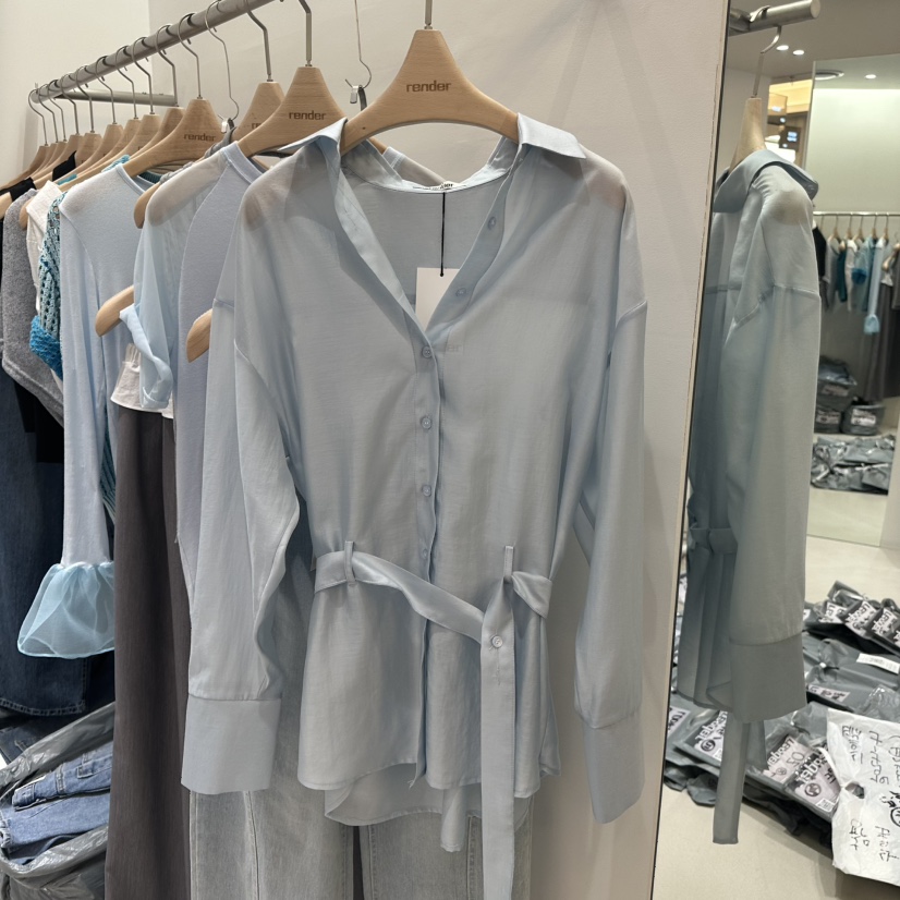 RENDER東大門代購女士新品時尚熱賣25春夏襯衫蕾絲衫含腰帶RENDER襯衫/蕾絲衫