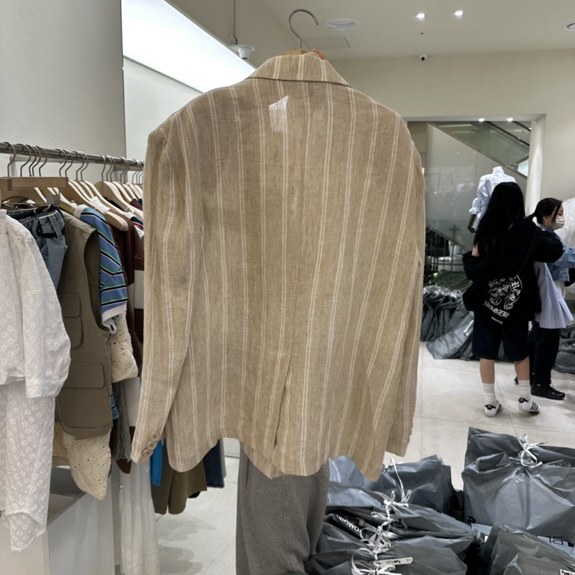 TOMGIRL韓國㊣直郵東大門代購女裝新品人氣時尚夾克亞麻條紋TOMGIRL夾克