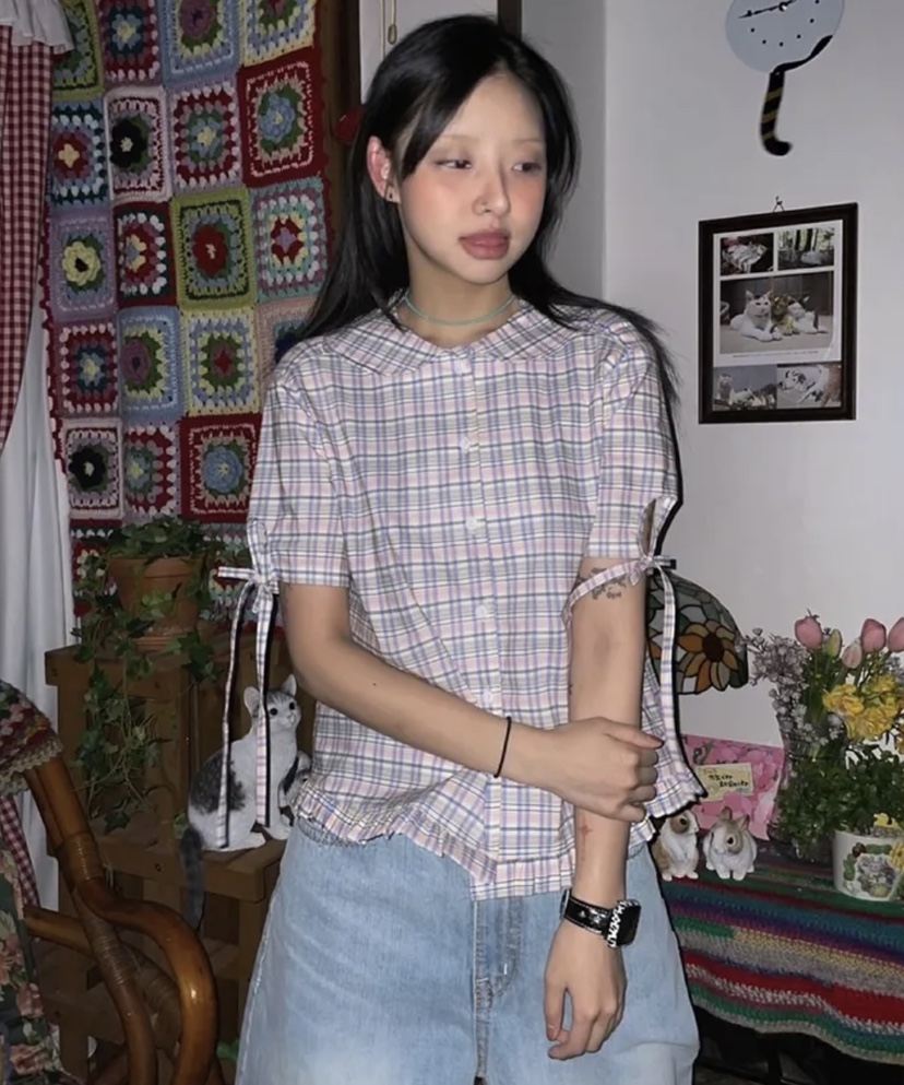 I I直郵韓國代購㊣女裝新款人氣熱賣時尚25春夏襯衫蕾絲衫格紋ITSSONG襯衫/蕾絲衫