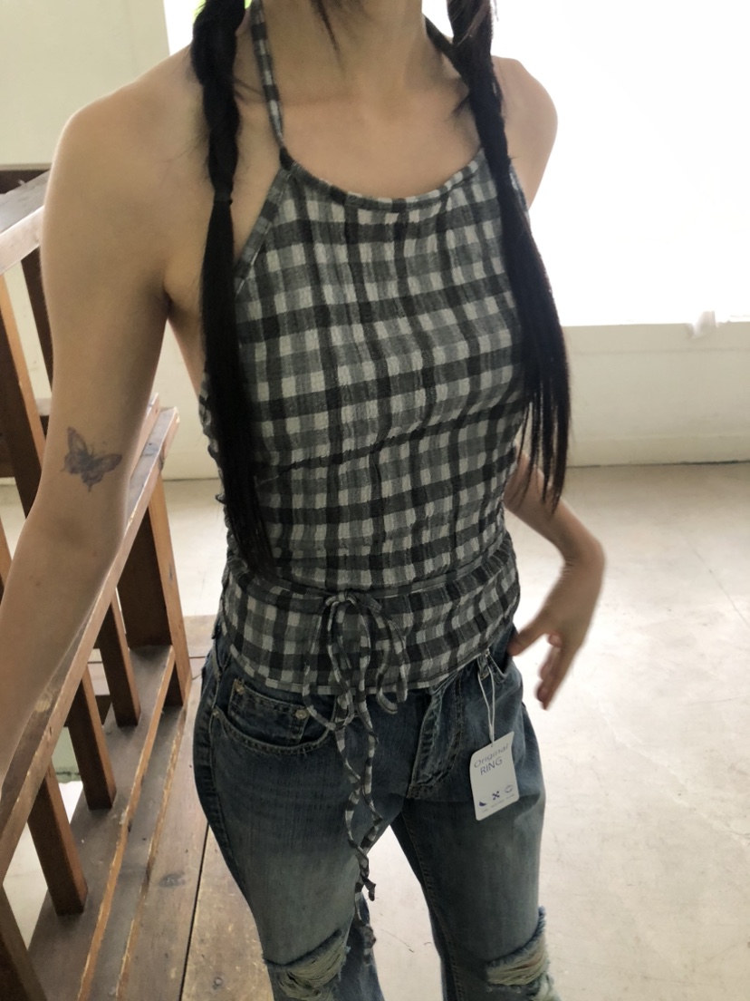 FLASH韓國直郵㊣女裝新品時尚25春夏休閑人氣推薦吊帶背心格紋FLASH吊帶/背心