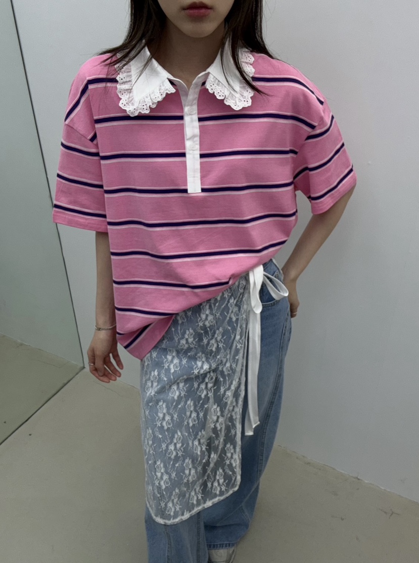 JMIND直郵韓國代購㊣女裝新品熱賣人氣休閑推薦T恤蕾絲條紋JMINDT恤