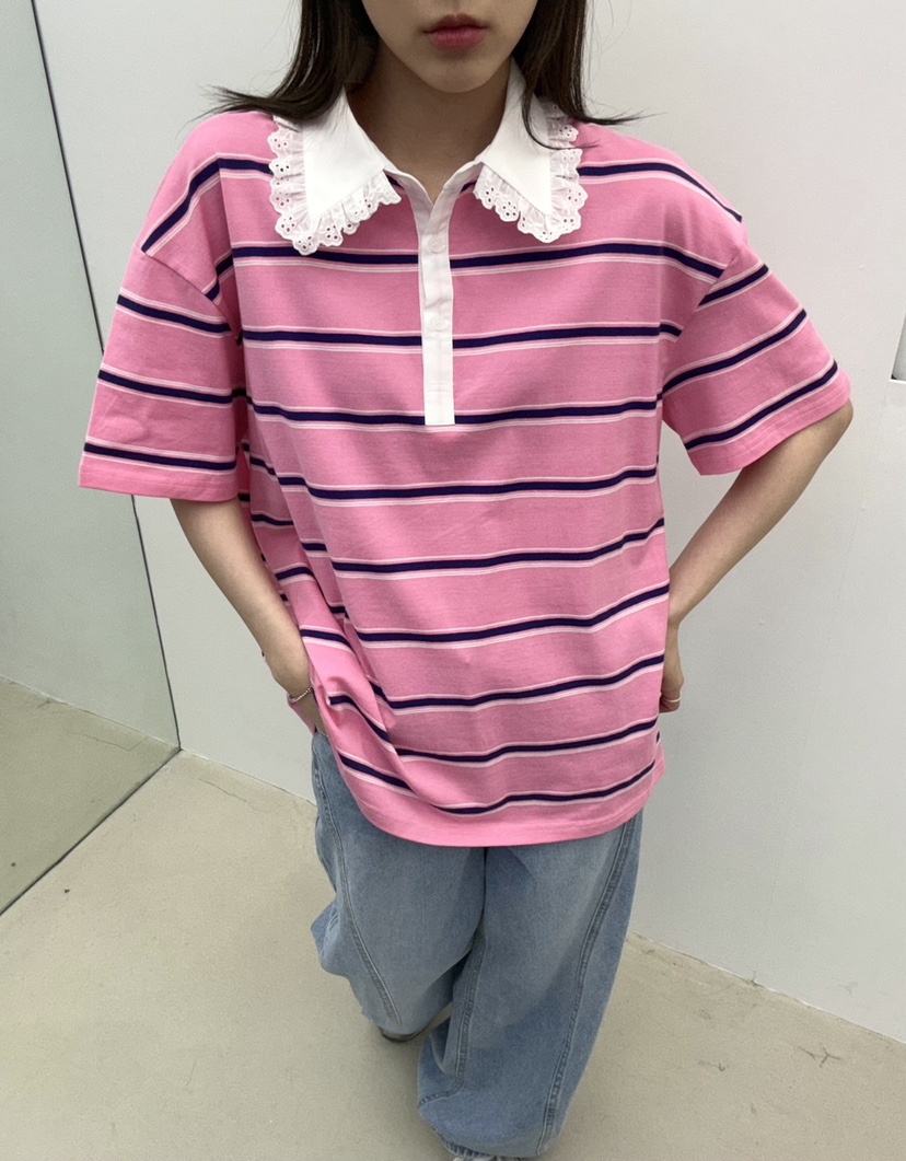JMIND直郵韓國代購㊣女裝新品熱賣人氣休閑推薦T恤蕾絲條紋JMINDT恤