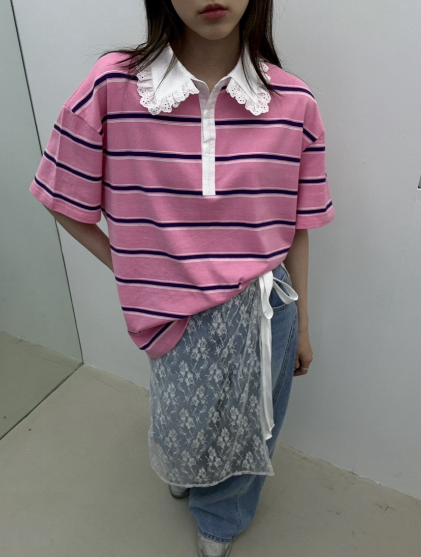 JMIND直郵韓國代購㊣女裝新品熱賣人氣休閑推薦T恤蕾絲條紋JMINDT恤