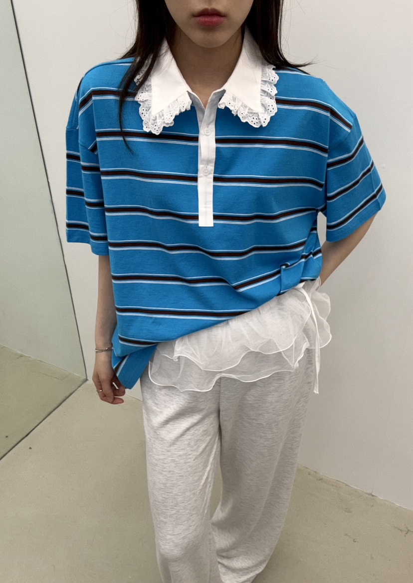 JMIND直郵韓國代購㊣女裝新品熱賣人氣休閑推薦T恤蕾絲條紋JMINDT恤