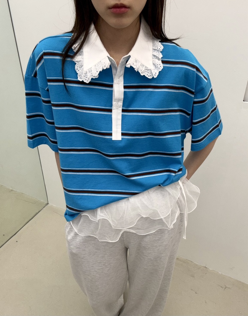 JMIND直郵韓國代購㊣女裝新品熱賣人氣休閑推薦T恤蕾絲條紋JMINDT恤
