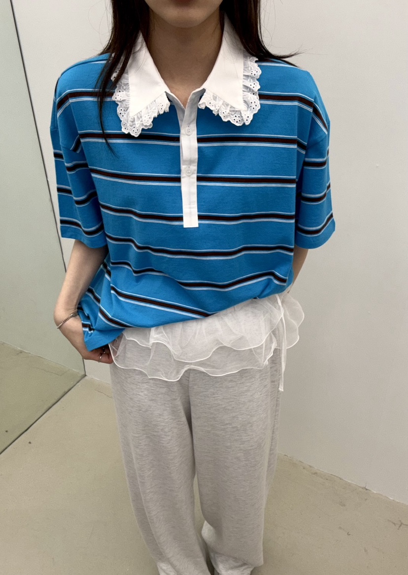 JMIND直郵韓國代購㊣女裝新品熱賣人氣休閑推薦T恤蕾絲條紋JMINDT恤