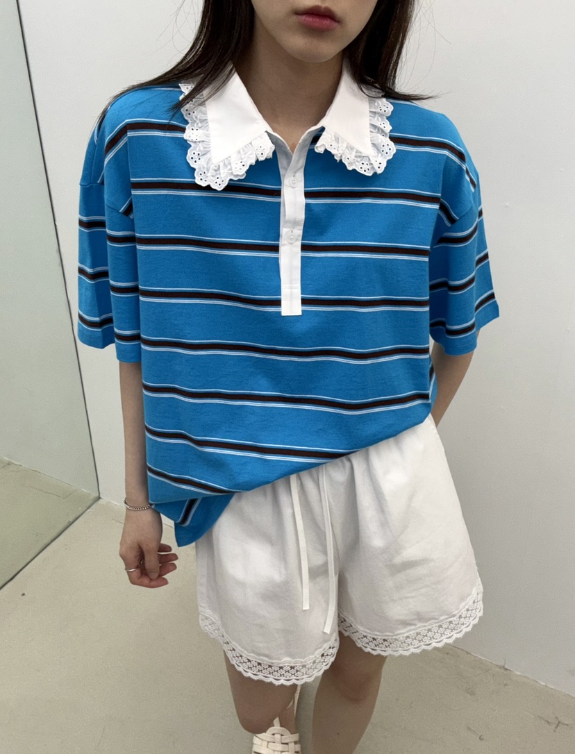 JMIND直郵韓國代購㊣女裝新品熱賣人氣休閑推薦T恤蕾絲條紋JMINDT恤