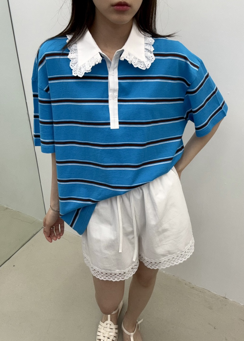JMIND直郵韓國代購㊣女裝新品熱賣人氣休閑推薦T恤蕾絲條紋JMINDT恤