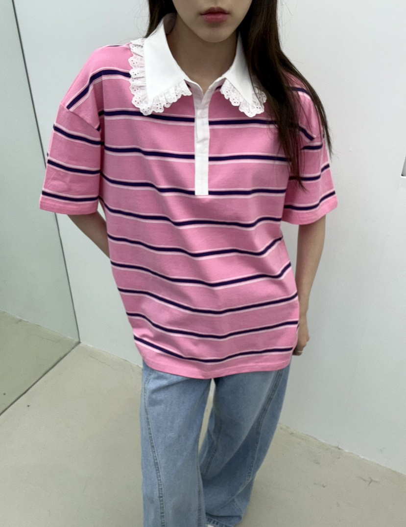 JMIND直郵韓國代購㊣女裝新品熱賣人氣休閑推薦T恤蕾絲條紋JMINDT恤