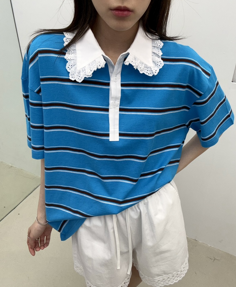 JMIND直郵韓國代購㊣女裝新品熱賣人氣休閑推薦T恤蕾絲條紋JMINDT恤圖色2
