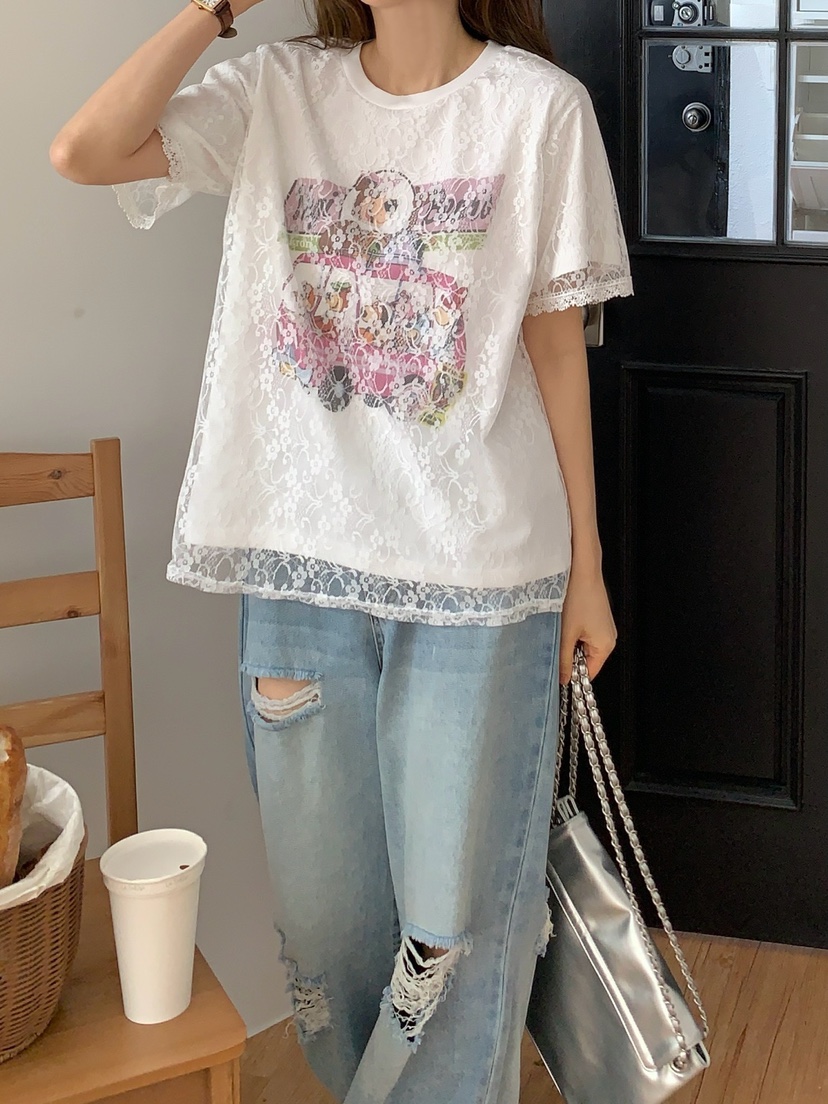 ROU.TINE韓國直郵㊣東大門實拍女裝新品25春夏休閑T恤蕾絲ROU.TINET恤