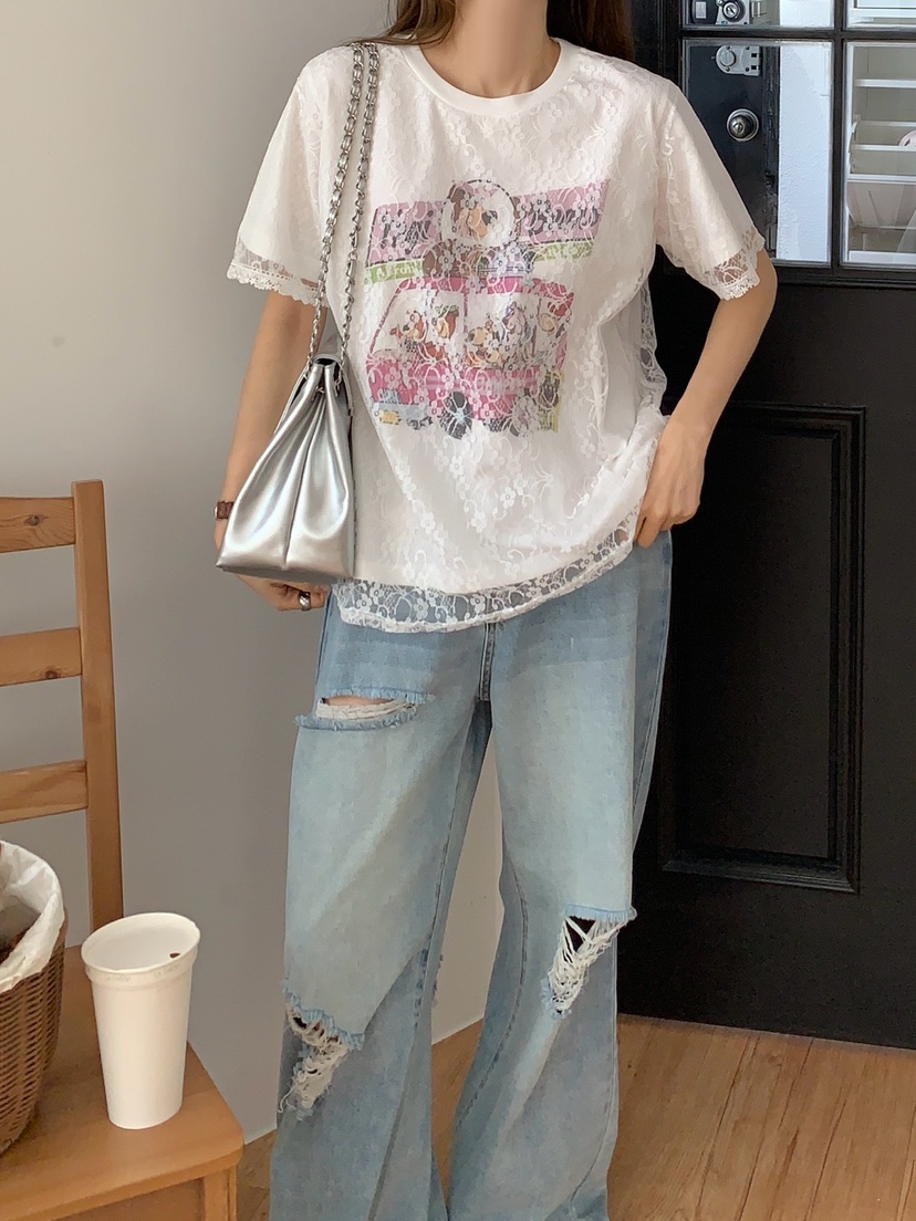 ROU.TINE韓國直郵㊣東大門實拍女裝新品25春夏休閑T恤蕾絲ROU.TINET恤